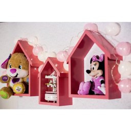 Kit com 3 nichos casinha decorativos MDF casinha trio cor Rosa - 3