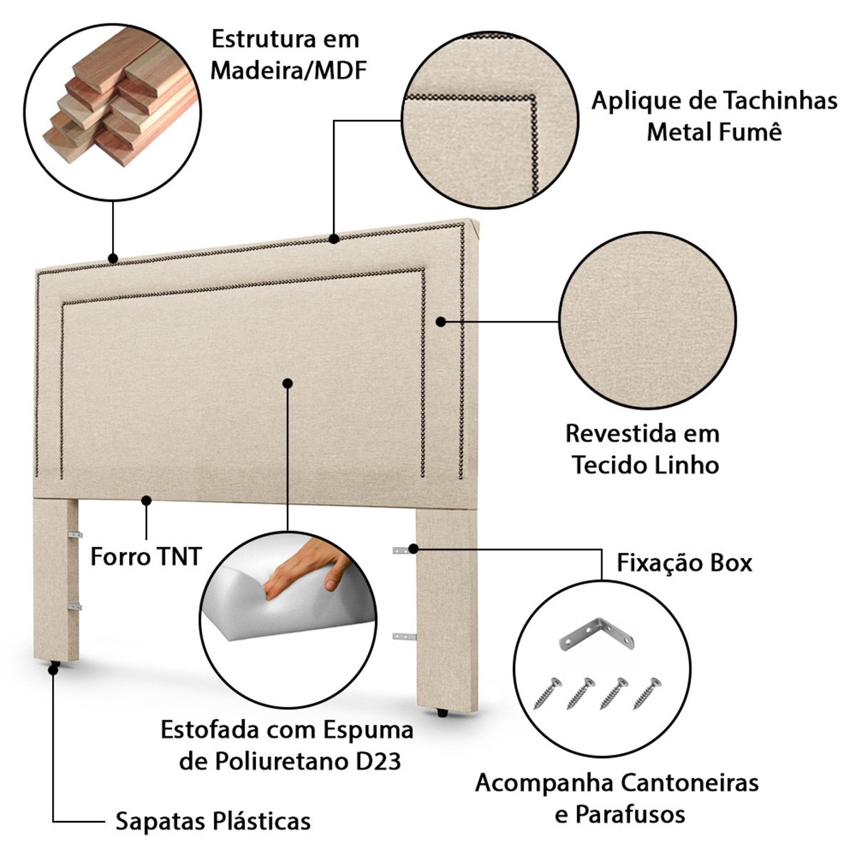 Cabeceira com Tachinhas Metal Fumê Estofada 160cm para Cama Queen Linho Bege Madri - Lh Móveis - 5