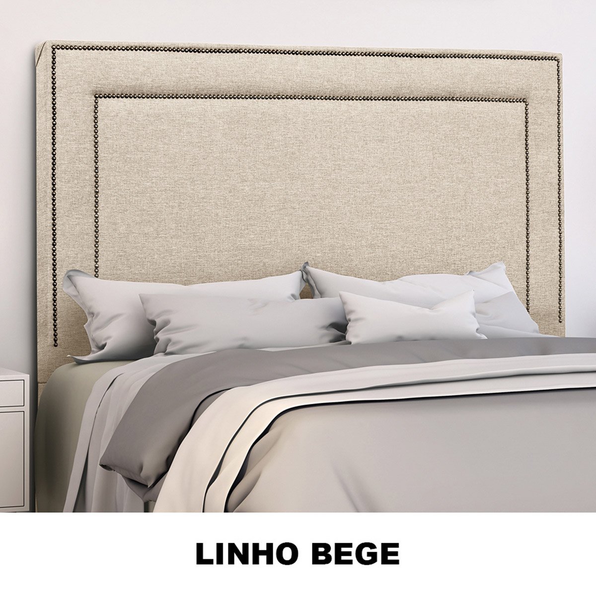 Cabeceira com Tachinhas Metal Fumê Estofada 160cm para Cama Queen Linho Bege Madri - Lh Móveis - 2