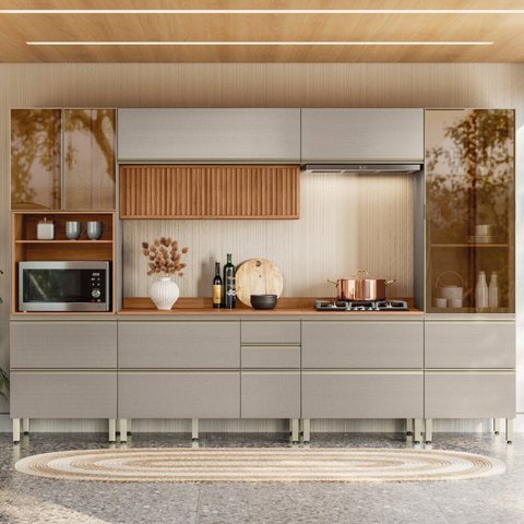 Cozinha Completa Modulada 330cm x 218,5cm Aéreo Rpd Pnl e Crt 6 Peças Proença Bege/Nogueira/Nude Prime