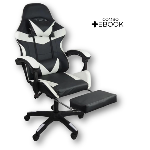 Cadeira Gamer Stillus Ergonômica com Apoio para Os Pés - Preta / Branca + E-book