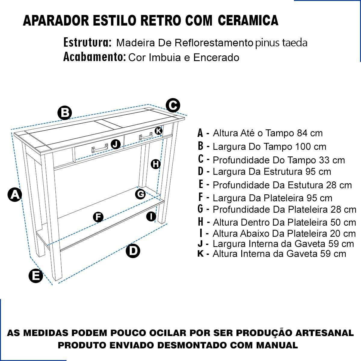 Aparador Buffet 100 Cm Retrô Rustico de Madeira Maciça Imbuia Multiuso Organizador Bancada Balcão - 2