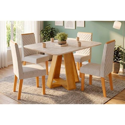 Mesa Sala Celeste 120 + 4 Cad Nara Cedro DJ Móveis