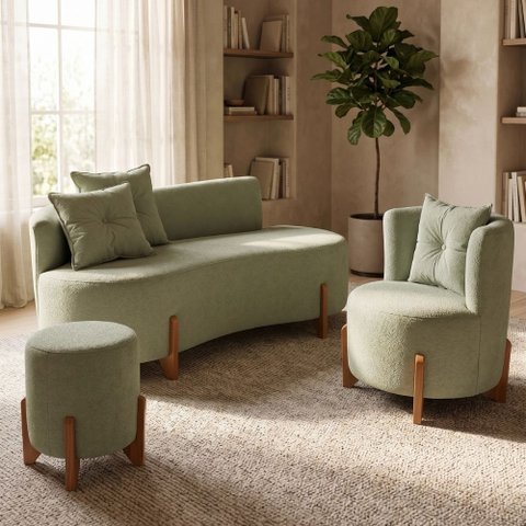 Kit Decorativo Sofá Curvo Orgânico + 01 Puff e Poltrona Luna Boucle Verde Menta - Montanaris Decor