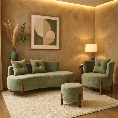 Kit Decorativo Sofá Curvo Orgânico + 01 Puff e Poltrona Luna Boucle Verde Menta - Montanaris Decor