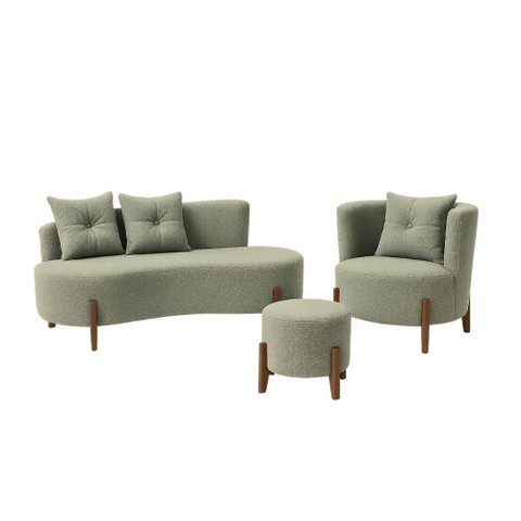 Kit Decorativo Sofá Curvo Orgânico + 01 Puff e Poltrona Luna Boucle Verde Menta - Montanaris Decor