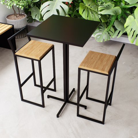 Conjunto Mesa Alta Bar Bistrô Quadrada Preta 2 Banquetas Confort Pinus Industrial Black Don Castro D