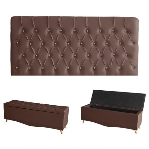 Kit Estrela Cabeceira de Cama Painel e Calçadeira Baú Botão Cristal Queen 160 Cm Suede Rosê do