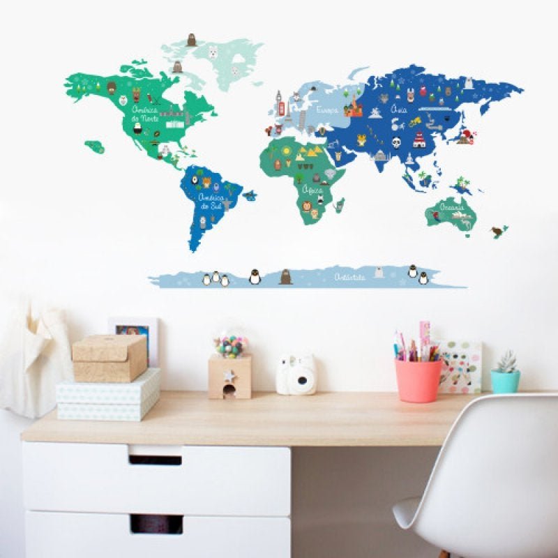 Adesivo Decorativo de Parede Infantil com Mapa Stixx - Mundo Discovery Azul e Verde 155 x 86 cm. - 1