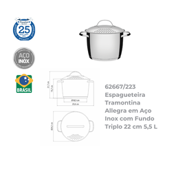 Espagueteira Aco Inox com Fundo Triplo 22cm - 2