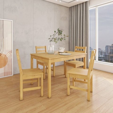 Mesa de Madeira Maciça com 4 Cadeiras Mandacaru Yescasa Bege/Amêndoa