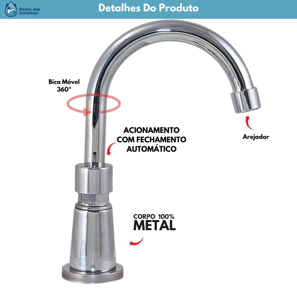 Torneira Automática Lavatório Bica Móvel Bancada Toda em Metal - 6