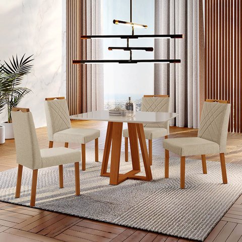 Conjunto Sala de Jantar Mesa Floripa Madeira Maciça 90x90cm Tampo Quadrado Vidro Off White com 4 Cad