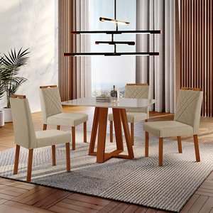 Conjunto Sala de Jantar Mesa Floripa Madeira Maciça 90x90cm Tampo Quadrado Vidro Off White com 4 Cad