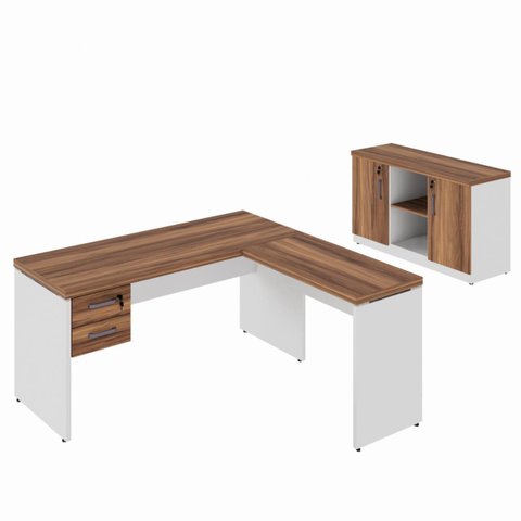 Kit Mesa Escritório em "l" 1,70x0,60m C/ Gavetas + Armário Baixo Credenza - Workstart - Nogal Sevilh