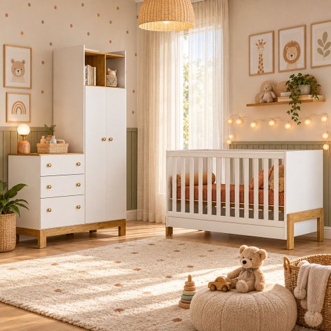 Kit Quarto de Bebê Flora Guarda Roupa Cômoda Berço Mini Cama Colchão 130x70 D18 Qmovi