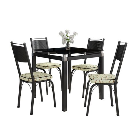 Conjunto De Mesa Tubular Malva Com 4 Cadeiras 151 Tampo De Vidro 75cm Preto Assento Cedro Artefamol 