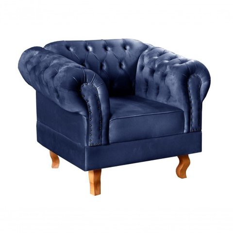 Poltrona Dom Pedro Veludo com Pés Torneados Azul 210 Bella Decor