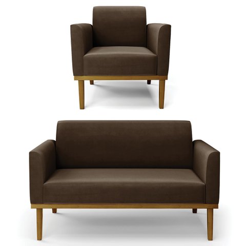 Sofá Namoradeira e 1 Poltrona Base Madeira Castanho Maressa Suede Marrom - Ibiza