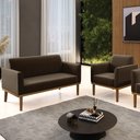 Ver imagem 2 de Sofá Namoradeira e 1 Poltrona Base Madeira Castanho Maressa Suede Marrom - Ibiza