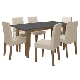 Mesa de Jantar 160cm Liz com Vidro Carvalho Grafite e 6 Cadeiras Josi Liso Carvalho Fendi – Poliman - 1