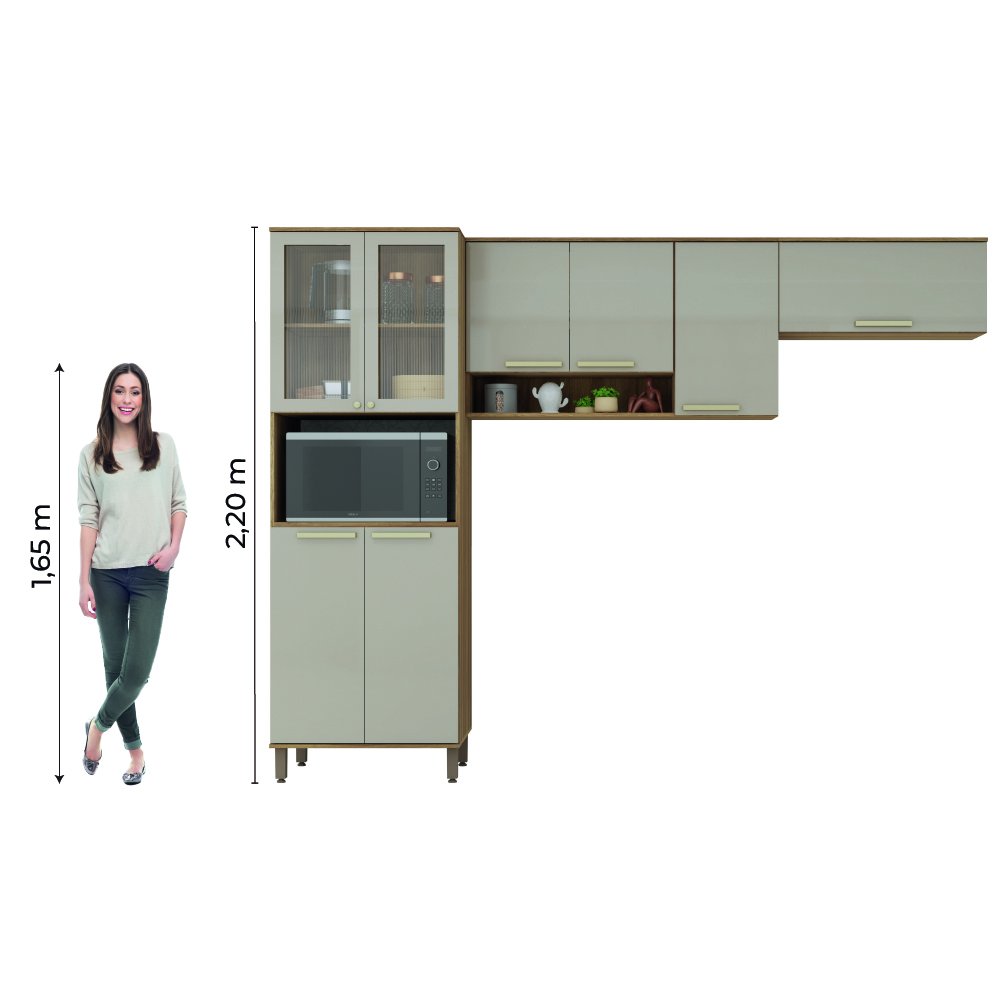 Armário de Cozinha Completa 8 Portas com Vidro e Nicho para Micro