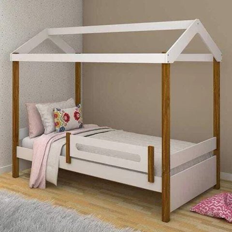 Cama Solteiro Infantil com Led Casinha Montessoriana Eliz com Grade de Proteção Branco/mel