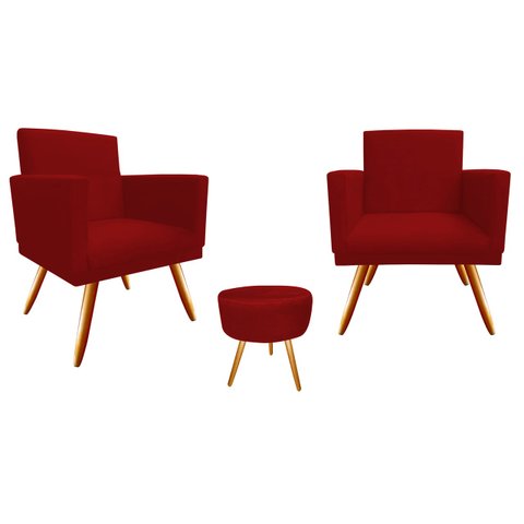 Kit 2 Poltronas Decorativa Bia + Puff Redondo Suede Vermelho Pés Madeira Ms Decor