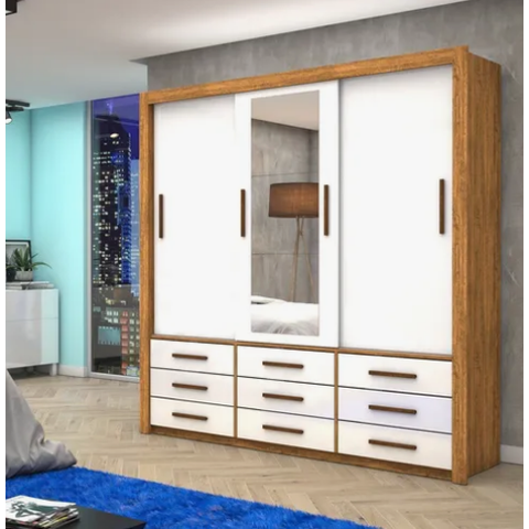 Guarda Roupa Casal com Espelho 3 Portas de Correr 9 Gavetas 208cm Anjos Cinamomo/Branco - Carioca Móveis