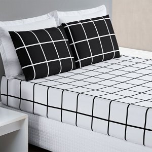 Jogo de Cama Geométrico Queen Preto Micropercal 200 Fios 3 Peças