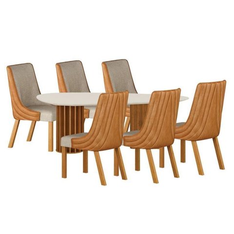 Mesa de Jantar Belle 2,00x1,00m Orgânica com Vidro Cinamomo Off-white com Kit 6 Cadeiras para Mesa