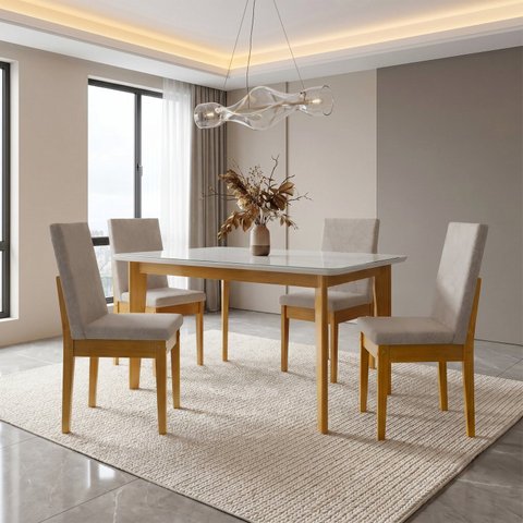 Mesa de Jantar com Kit 4 Cadeiras Madeira Maciça Siera/Dakota Cerejeira Camurça