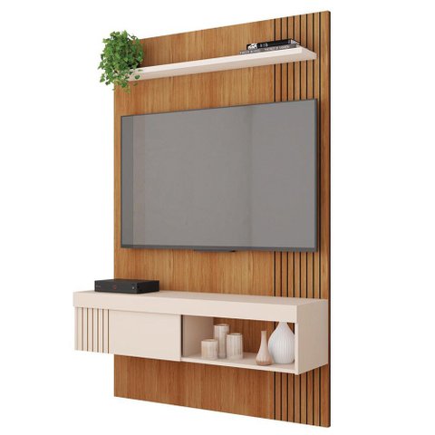 Painel Selina Ripado para TV até 45 com Porta de Correr e Prateleira MDP Freijo/OffWhite G11 - Gran 