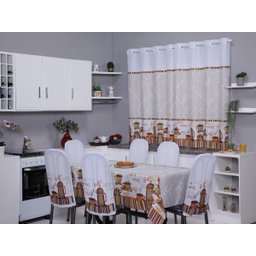 Kit 4 Capas de Cadeira + Toalha de Mesa + Cortina Sala de Jantar Cozinha Dos Sonhos Completa Cappucc - 1