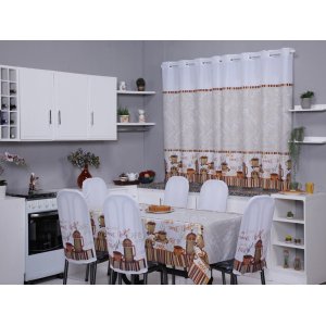 Kit 4 Capas de Cadeira + Toalha de Mesa + Cortina Sala de Jantar Cozinha Dos Sonhos Completa Cappucc