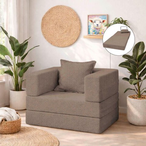 Poltrona Cama Modular Mold Boucle Reclinável Marrom com Almofada Loja Sheep