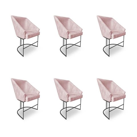 Kit 6 Poltronas Luxo Alana Suede Rosa Bebê Base Ferro Preto - Pallazio