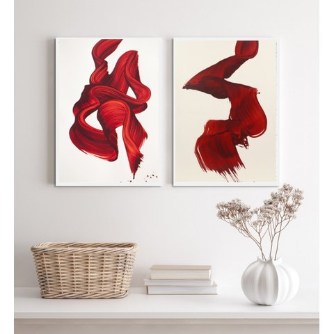 Kit 2 Quadros Abstratos Arte Moderna Vermelhos 24x18cm - com Vidro:madeira Preta