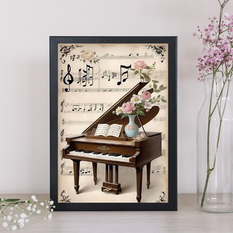 Quadro Piano Antigo com Flores 33x24cm:moldura Branca