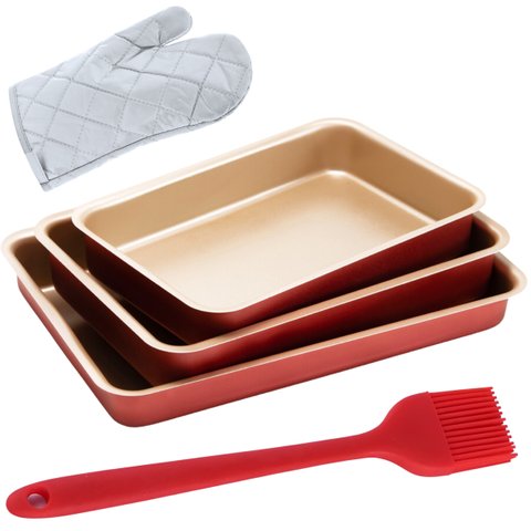 Jogo de Assadeiras Forma Retangular 03 Peças Antiaderentes + Luva Térmica + Pincel de Silicone Verme