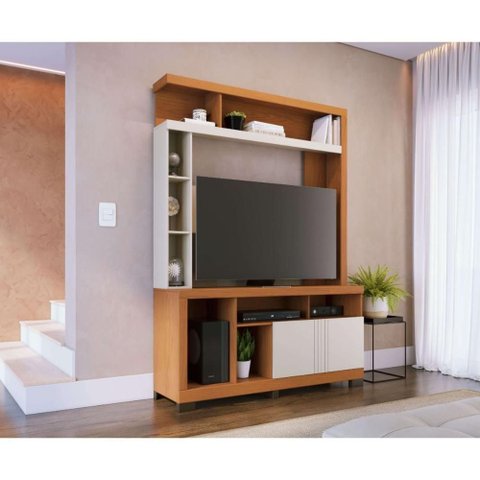 Rack Estante para TV até 50 Polegadas com 2 Portas e Nichos Multimóveis Crcol-RCP029 Madeirado/Off