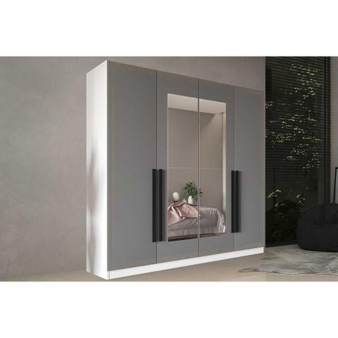 Guarda Roupa 4 Portas (2 C/ Espelho) e 4 Gavetas Valência Branco/cinza - Politorno