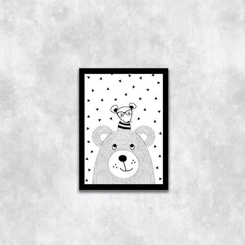 Quadro Ilustração Infantil Bichinhos Escandinavos 24x18cm - com vidro:Madeira preta