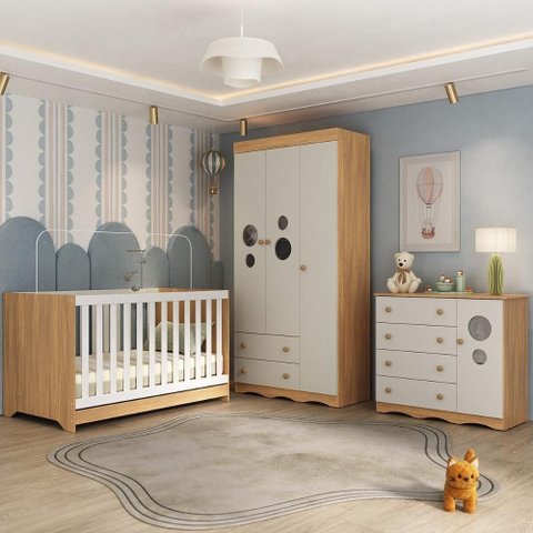 Quarto de Bebê Completo com Berço Americano 3 em 1 Sonho Multimóveis Mp4623 Madeirado/off White