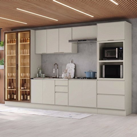 Cozinha Completa 7 Peças 100% MDF com Cristaleiras 2 Portas e Torre Quente 2 Fornos Fineze
