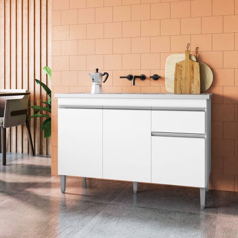 Balcão de Pia Cozinha Tatiane 120 Cm Branco 1999 sem Tampo Ajl Móveis