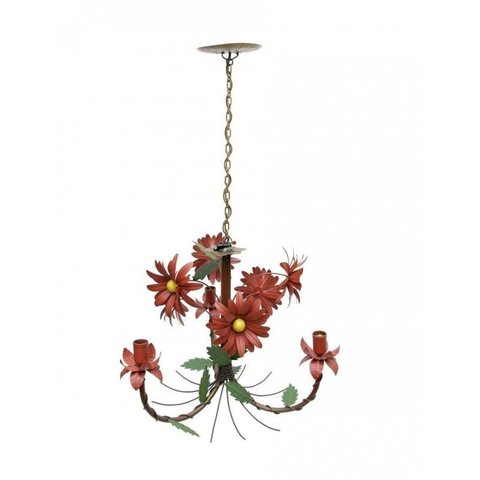 Luminária de Teto Artesanal para Sala de Jantar com Flores 03 Bocas - Vermelho Escuro