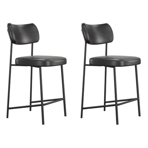 Kit 02 Banquetas Médias para Cozinha Lila Estofada com Encosto Couríssimo Preto - Desk Design