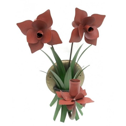 Arandela de Parede Artesanal para Quarto com Flores de Ferro Rustica - Vermelho Escuro
