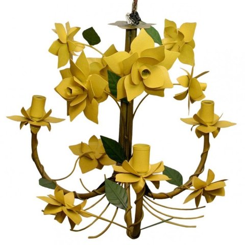 Lustre Artesanal para Varanda Rustico de Ferro com Flores 03 Bocas - Amarelo